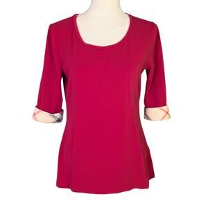 Burberry Brit Red Nova Check Cuff Top Cotton Stretch Tee M